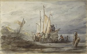Pferd und Wagen an einem Ufer bei einem Segelschiff von Johannes Tavenraat
