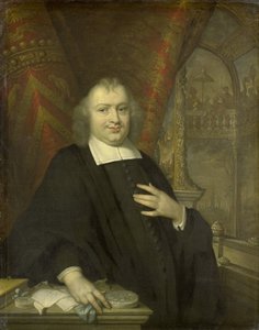 Porträt von Gaspar Fagel, Großpensionär von Holland nach 1672, im Hintergrund der Sitzungssaal der Staaten von Holland im Binnenhof in Den Haag