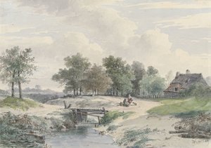 Landschaft mit Brücke und Figuren vor einem Bauernhof
