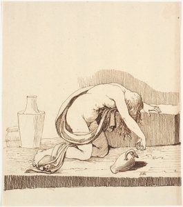 Nackte, nach vorne gebeugte Frau (betrunken) mit leerer Weinkanne von Johannes Wiedewelt