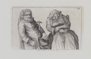 Ein sitzendes altes Paar, er trinkt, sie raucht (Gravur)