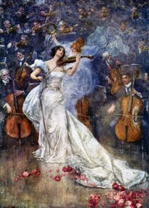 Musik. Ein Violinkonzert. Illustration von Gulich, Tschechien, ca. 1900