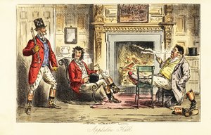 Fuchsjagdteilnehmer entspannen sich vor einem Feuer in einem großen Herrenhaus nach der Jagd von John (after) Leech