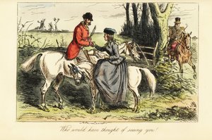 Gentleman auf einem alten Gaul und Dame auf einem Pony treffen sich bei einer Fuchsjagd