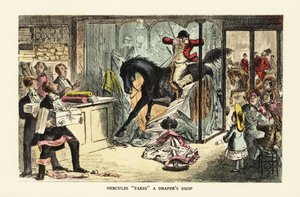 Pferd und betrunkener Jäger stürzen durch ein Schaufenster von John (after) Leech