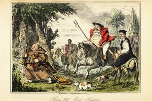 König Heinrich VIII. in viktorianischer Jagdkleidung mit einem Hirtenstab zu Pferd, der einen katholischen Mönch verfolgt, der mit dem Kirchengold flieht von John (after) Leech