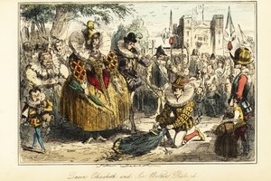 Sir Walter Raleigh legt seinen Mantel über eine Pfütze für Königin Elizabeth I. in Greenwich