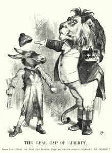 Punch-Karikatur: Die wahre Freiheitskappe - die Überlegenheit der konstitutionellen Monarchie Großbritanniens über den Republikanismus (Gravur) von John (after) Tenniel
