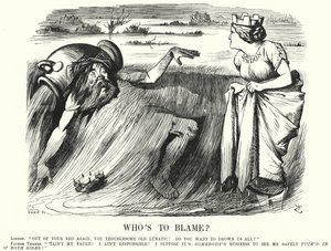 Karikatur: Wer ist schuld? - Aufrufe zum Handeln, um Überschwemmungen der Themse in London zu verhindern (Gravur) von John (after) Tenniel