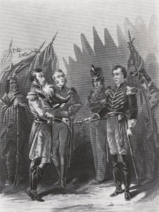 Die Kapitulation des amerikanischen Generals William Hull an britische Truppen und indianische Krieger in Detroit, 15. Juli