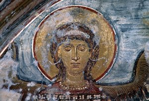 Fresko mit Engel in der byzantinischen Kirche Agios Georgios, Vathi, Kreta, Griechenland