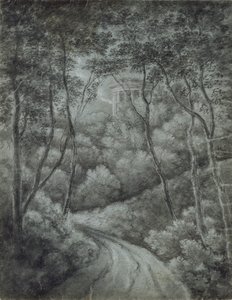 Landschaft mit einem Weg durch einen Wald und einem klassischen Tempel, spätes 18. Jahrhundert