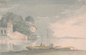 Boot und Figuren am Ufer eines Sees