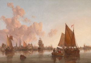 Segelboote und Lastkähne auf einem niederländischen (?) Ästuar