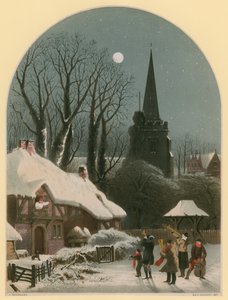 Viktorianische Weihnachtsszene mit einer Band, die im Schnee spielt