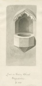 Taufbecken in Ashley Kirche: Sepiazeichnung, 1843 von John Buckler