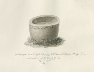 Taufbecken in der Grindon Kirche: Sepia-Zeichnung, 25. Mai 1847 von John Buckler