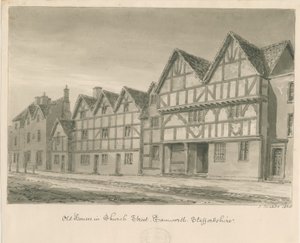Tamworth - Alte Häuser in der Church Street: Sepiawaschzeichnung, 1838 von John Buckler