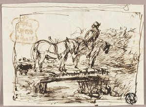 Skizze von Pferden, die eine Brücke überqueren von John Burnet