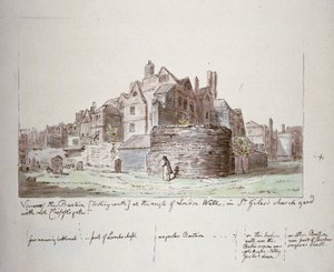 Bastion am Winkel der London Wall, St. Giles ohne Cripplegate Kirchhof, City of London, 1779 von John Carter