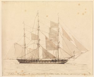 Eine 50-Kanonen-Fregatte mit gehissten Stagsegeln, ruhig und schön, Mitte des 19. Jahrhunderts