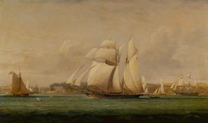 Ein Toppsegel-Schoner, zwei Royal Yacht Squadron Cutter und ein amerikanisches Handelsschiff