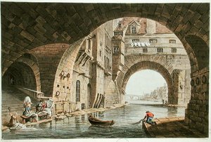 Der Waschplatz des Hotel-Dieu und die Pont de la Tournelle, graviert von I. Hill, 1810