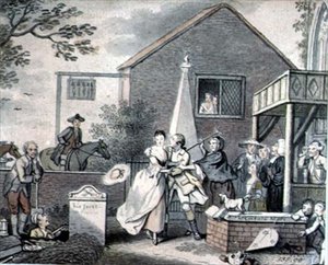 Gruppe an einem Kircheneingang von John Collet