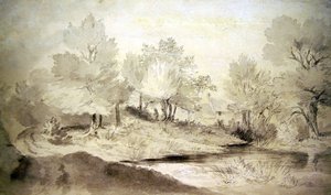Ein Teich in Suffolk, mit Hütten in der Ferne
