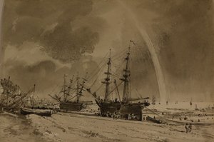 Brighton Beach mit einem Regenbogen: Kohlenträger beim Entladen, ca. 1792 (Aquarell auf Papier) von John Constable