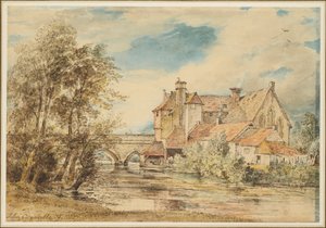 Alte Häuser auf der Harnam-Brücke, Salisbury mit dem Alten Hospital des Heiligen Nikolaus von John Constable
