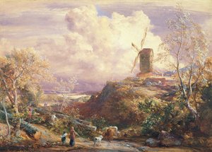 Windmühle auf einem Hügel mit Viehtreibern