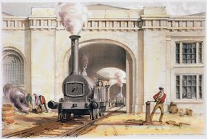 Eingang zum Lokomotivschuppen, Camden Town, London, 1839 von John Cooke Bourne