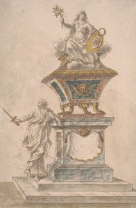 Denkmal: Frieden sitzt auf einer Urne, ein Mann mit gezogenem Schwert steht auf dem Sockel des Denkmals
