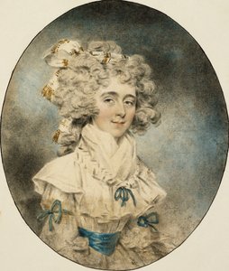 Porträt von Mrs. Fisher, halbe Länge, in einem weißen Kleid mit blauen Bändern, 1788