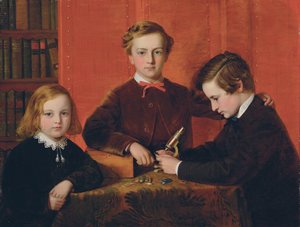 Die jungen Mikroskopiker: Porträt von Frank, Harry und Arthur Izod Richards, 10, 8 und 5 Jahre alt, beim Spielen mit einem Mikroskop