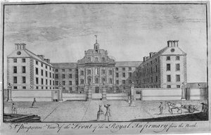 Eine perspektivische Ansicht der Vorderseite des Royal Infirmary von Norden, ca. 1746 von John Elphinstone