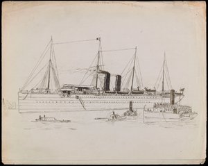 PAH1225; Dampfschiff in Küstennähe mit Schlepper daneben. Passagierschiff mit Schlepper und Raddampfer Tilbury in der Nähe