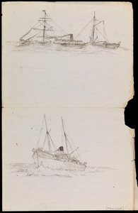 Skizzen eines Schlachtschiffs und zweier anderer Schiffe der Royal Navy von John Everett