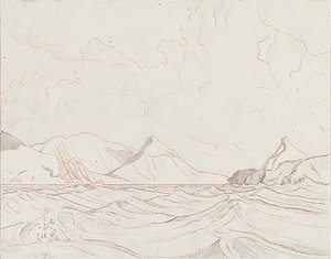 Meereslandschaft mit vorbeifahrendem Schiff (1), frühes 20. Jahrhundert
