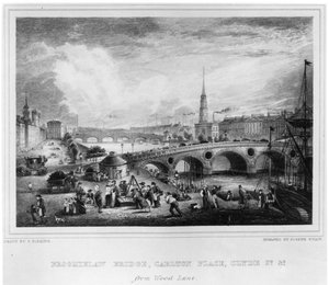 Broomielaw-Brücke, Carlton Place, Clyde St., Glasgow, graviert von Joseph Swan