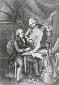 Porträt von Franz Joseph Haydn und Wolfgang Amadeus Mozart, Musik für die Laute komponierend, graviert von Michele Benedetti