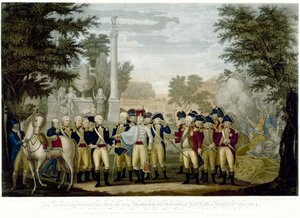 Die Briten übergeben ihre Waffen an General Washington nach ihrer Niederlage in Yorktown, Virginia, Oktober 1781, 1819 von John Francis Renault