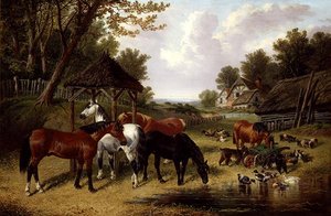 Pferde an einem Bauernhofteich von John Frederick Herring Senior