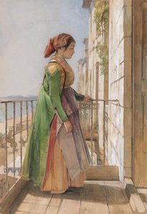 Ein griechisches Mädchen auf einem Balkon stehend von John Frederick Lewis