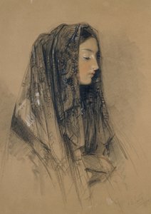 Kopf eines italienischen Mädchens in einer Mantilla, 1838 von John Frederick Lewis