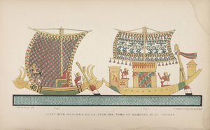 Boote mit farbigen Segeln, aus dem Grab von Ramses III. in Theben, Illustration aus "Sitten und Gebräuche der alten Ägypter...", 1837-41 von John Gardner Wilkinson
