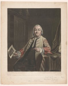 Porträt von Simon Fokke mit dem Druck der Plünderung des Hauses von Gerrit Hagedooren, 1751 von John Greenwood