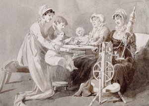 Eine Frau mit ihrer Familie am Spinnrad