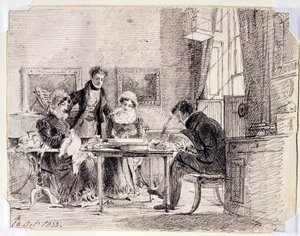 Familiengruppe beim Nähen und Lesen, 10. Oktober 1823 von John Harden